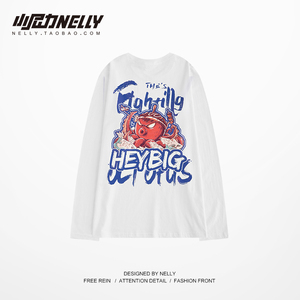 卡通猪撞色字母印花长袖男高街潮牌宽松滑板T恤欧美嘻哈学生上衣