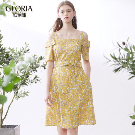 GLORIA/歌莉娅女装2018夏季露肩收腰连衣裙185C4A180商品大图