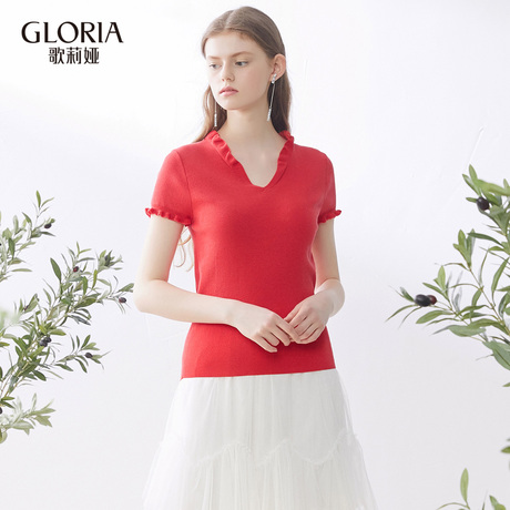 GLORIA/歌莉娅天丝真丝棉荷叶边V领针织衫186C5B010商品大图