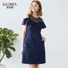 GLORIA/歌莉娅荷叶边拼蕾丝镂空牛仔连衣裙183C4B130图片