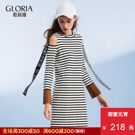 GLORIA/歌莉娅真丝棉条纹露肩毛织连衣裙179C5K020商品大图