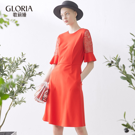 GLORIA/歌莉娅2018拼蕾丝收腰A摆后V领连衣裙184C4E050商品大图