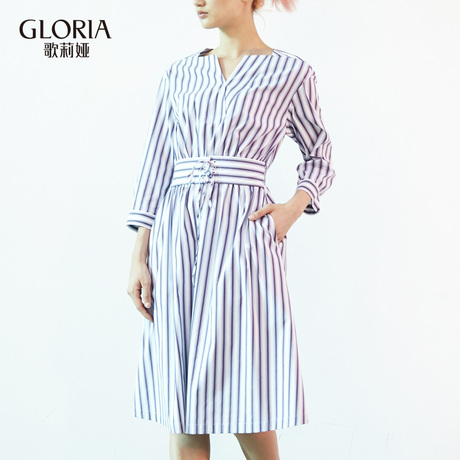 预售|GLORIA/歌莉娅女装2018秋季松紧腰V领连衣裙188E4D250商品大图