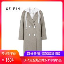 商场同款诗凡黎2018冬装新款韩版连帽中长款毛呢外套女318A177251图片