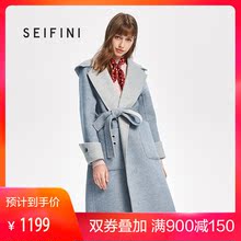 诗凡黎冬装系带宽松连帽毛呢外套女2018新款羊毛双面呢大衣女图片