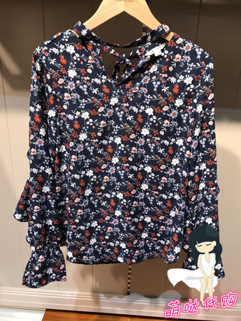 国内正品代购拉夏贝尔7m2018夏装新款荷叶袖印花雪纺衬衫70009962商品大图