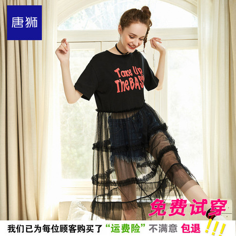 唐狮春装2018新款女春夏装连衣裙女T恤裙网纱拼接裙子蕾丝连衣裙商品大图