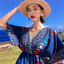 泰国民族风印花沙滩裙女夏海边度假波西米亚长裙大码 显瘦连衣裙仙