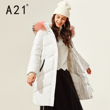 A21冬季女装新品羽绒服  茧型净色加厚保暖时尚毛领连帽长款外套图片