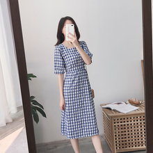 又见小夕复古森系文艺气质长裙子收腰中长款方领格子连衣裙女夏季图片