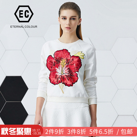 永恒颜色2018秋装新款高片刺绣木槿花长袖女上衣小衫YFEC98S959商品大图