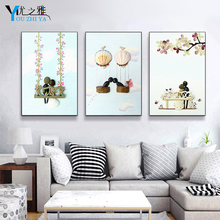 饰画客厅挂画现代大气无框三联画壁画三件套挂钟画 大厅沙发后面装