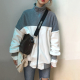春季韩版拼色高领拉链棒球服长袖外套女百搭中长款情侣开衫上衣