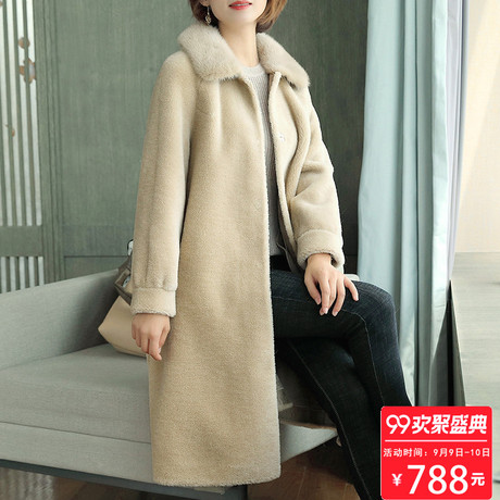 海宁羊剪绒大衣女中长款羊毛大衣水貂领皮草外套2018秋冬新款女装商品大图
