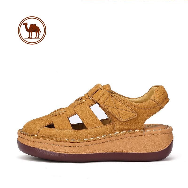 骆驼牌 2018夏季真皮中跟包头女式凉鞋 厚底休