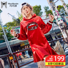 玛玛绨2018秋装新款连帽荷叶边红色欧货裙子亮片休闲宽松连衣裙女图片