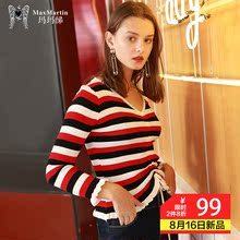 玛玛绨早秋条纹针织衫薄款2018新款韩版显瘦v领长袖毛衣女甜美潮图片