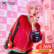 玛玛绨2018秋冬欧货红色拼接亮面印花棒球服女学生修身运动短外套图片