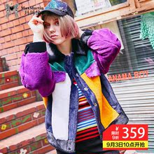 玛玛绨2018新款时尚潮牌宽松短款外衣拼色保暖加绒加厚外套女冬季图片