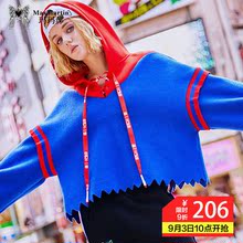 玛玛绨蓝色连帽针织衫秋装女2018新款拼接撞色韩版宽松潮短款上衣图片