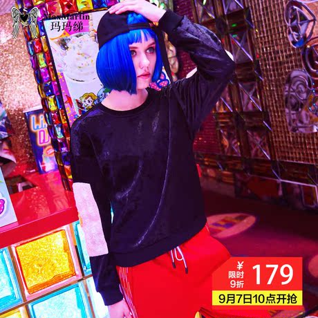 玛玛绨早秋黑色卫衣2018新款女长袖个性韩版时尚宽松短款圆领外套商品大图