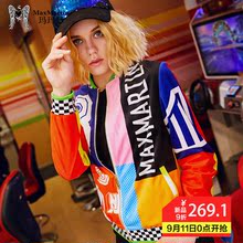 玛玛绨欧美嘻哈短外套女秋冬2018新款韩版宽松无领拼色拉链棒球服图片