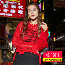 玛玛绨红色镂空针织衫女秋装2018新款慵懒个性潮牌宽松不规则外套图片