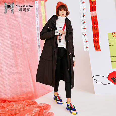 玛玛绨2018冬装新款韩版大牌羽绒服女黑色中长款过膝气质修身外套商品大图