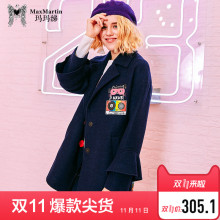 玛玛绨2018冬装新款卡通图案喇叭袖呢子大衣女中长款潮流毛呢外套图片
