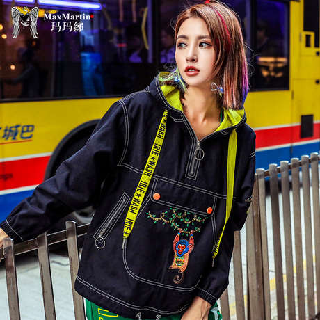玛玛绨2018秋季新款时尚宽松短款连帽套头ulzzang刺绣牛仔外套女商品大图