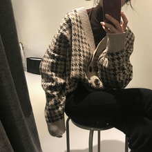 加大加厚开衫 2019新款 韩国chic复古千鸟格春季毛衣外套女韩版 毛衣