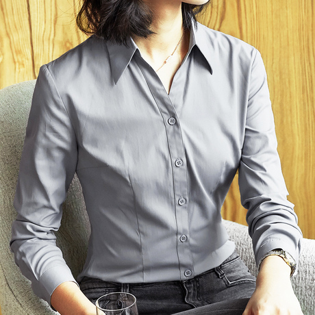 雀后v领衬衣女夏长袖2018新款修身工作服ol工装职业正装灰色衬衫商品大图
