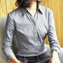 雀后v领衬衣女夏长袖2018新款修身工作服ol工装职业正装灰色衬衫图片