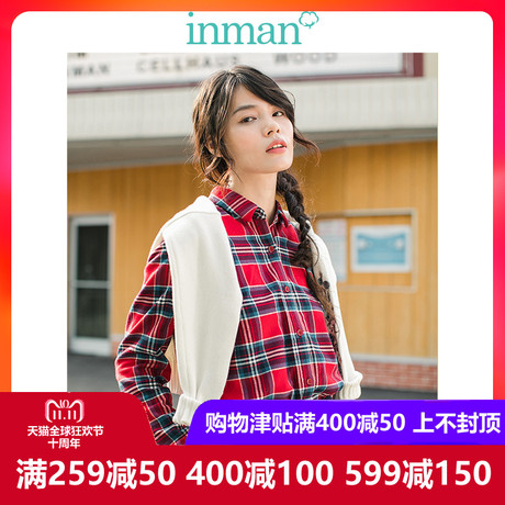 inman茵曼旗舰店纯棉格子衬衫女长袖2018秋装新款职业装衬衣上衣商品大图