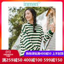 茵曼旗舰店条纹假两件休闲宽松落肩袖卫衣2018冬装新款运动衫上衣图片