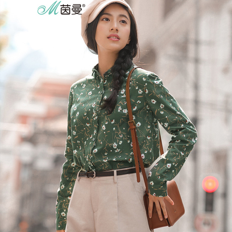 茵曼旗舰店棉麻女装2018秋装新款碎花长袖衬衫女纯棉秋秋衬衣上衣商品大图