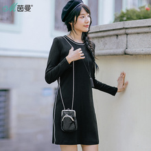 茵曼旗舰店2018秋季新款圆领百搭宽松长袖连衣裙直筒裙女装中长裙图片