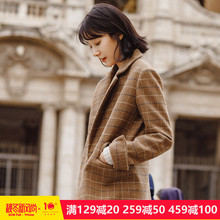 茵曼旗舰店羊毛格子毛呢外套2018秋冬装新款西装领双排扣呢子大衣图片