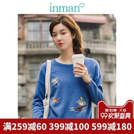 inman茵曼旗舰店圆领绣花宽松长袖针织衫女2018秋装新款打底毛衣商品大图