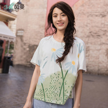 茵曼旗舰店纯棉印花短袖T恤女上衣2018夏装新款圆领宽松半袖上衣图片