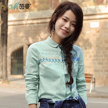 茵曼旗舰店纯棉长袖衬衫春秋女装2018新款印绣花白色衬衣女式寸衫图片