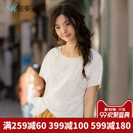 茵曼旗舰店蝴蝶结绑带短袖衬衫2018夏装新款镂空圆领套头衬衣上衣商品大图