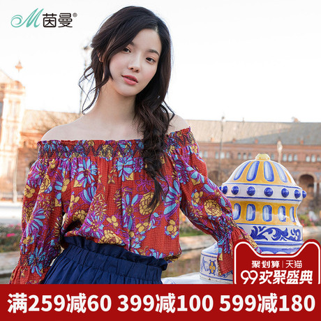 茵曼旗舰店一字领印花喇叭七分袖宽松衬衣2018夏新款复古两穿衬衫商品大图