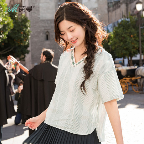 茵曼旗舰店条纹衬衫2018夏装新款绣花V领前短后长短袖衬衣女上衣商品大图