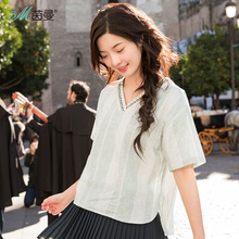 茵曼旗舰店条纹衬衫2018夏装新款绣花V领前短后长短袖衬衣女上衣图片