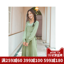 茵曼旗舰店纯棉V领绣花连衣裙2018秋冬新款橡筋收腰打底裙中长裙图片