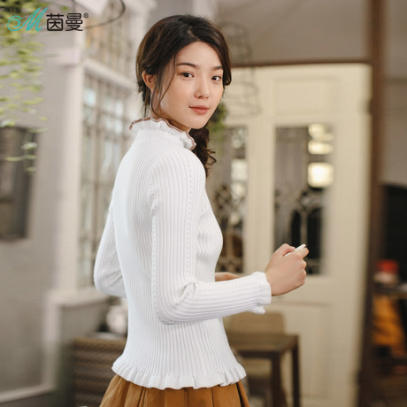 茵曼旗舰店2018秋装新款高领荷叶边长袖套头打底针织衫上衣女毛衣商品大图