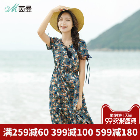 茵曼雪纺连衣裙中长款2018新款女夏显瘦海边度假沙滩裙子碎花长裙商品大图