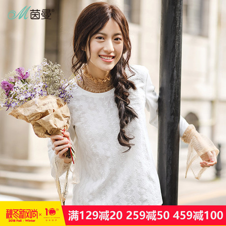 茵曼旗舰店2018秋装新款圆领纯棉绣花T恤女九分袖打底上衣体恤衫商品大图