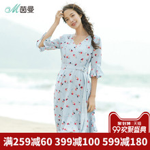 茵曼旗舰店2018夏装新款雪纺印花V领腰带喇叭中袖连衣裙图片